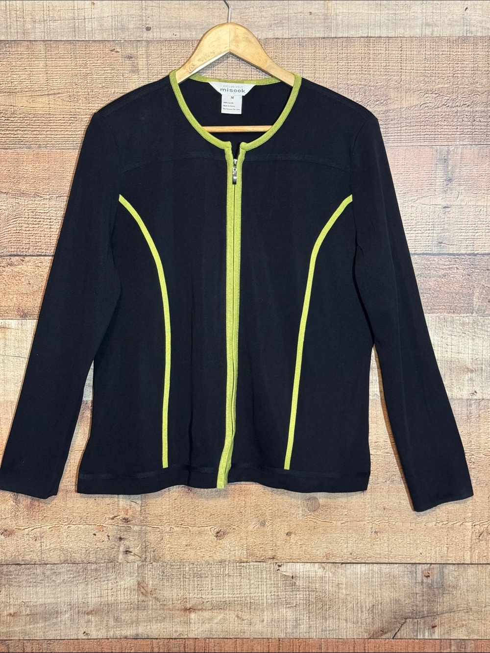 Exclusively Misook Full Zip Cardigan Black‎ Chartreuse Trim Size Medium Travel